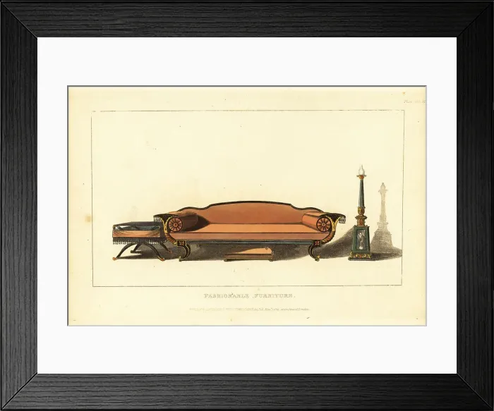 Framed Print : Sofa, work-table and candlelabrum, 1815 Framed Print : Sofa, work-table and candlelabrum, 1815
