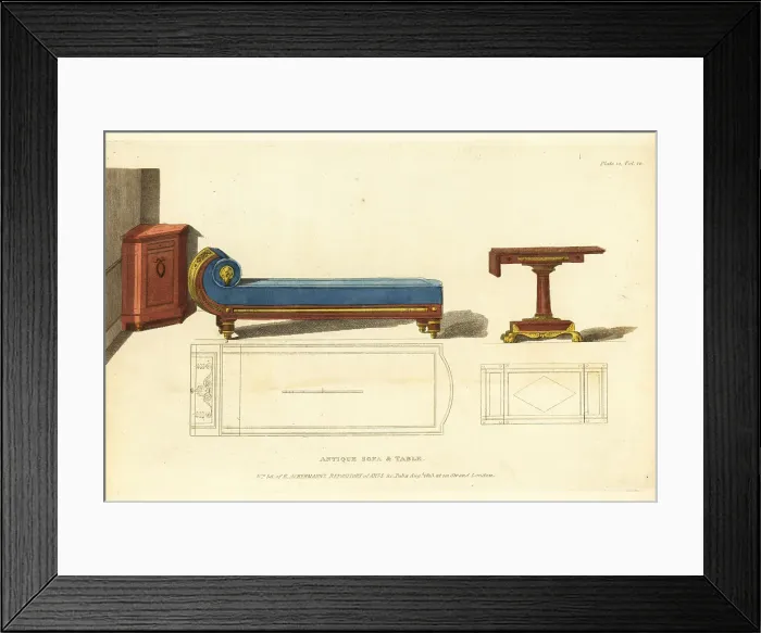 Framed Print : Antique sofa and table, 1813 Framed Print : Antique sofa and table, 1813