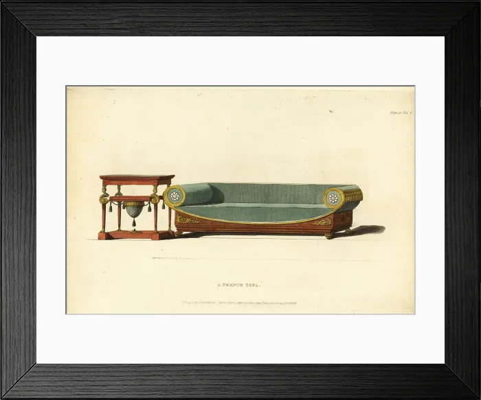 Framed Print : French scroll sofa and lady's work table, 1812 Framed Print : French scroll sofa and lady's work table, 1812