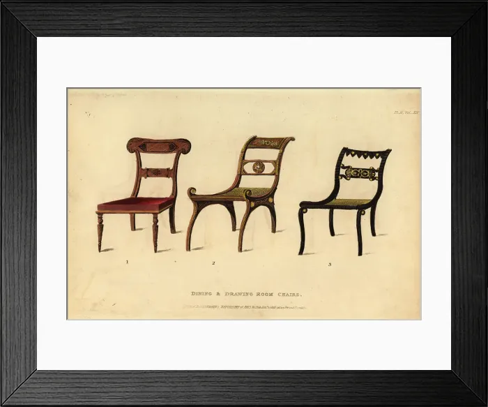 Framed Print : Regency-era dining and drawing-room chairs, 1815 Framed Print : Regency-era dining and drawing-room chairs, 1815