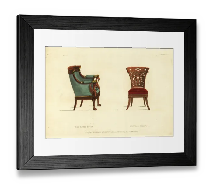 Framed Print : Regency-era bedroom chair and antique cottage chair, 1813 Framed Print : Regency-era bedroom chair and antique cottage chair, 1813