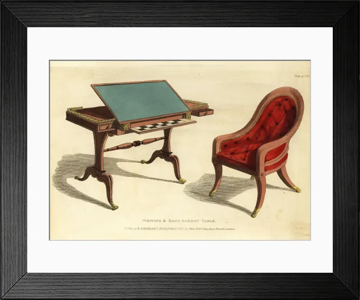 Framed Print : Regency-era writing and backgammon table with chair Framed Print : Regency-era writing and backgammon table with chair