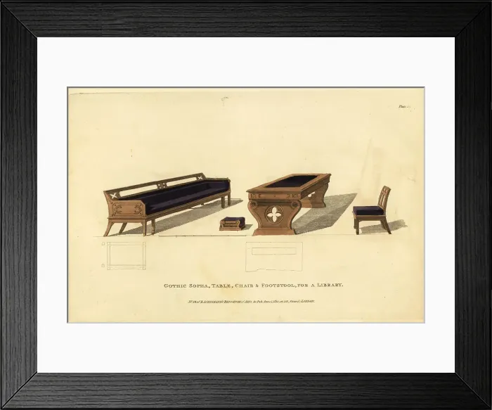 Framed Print : Gothic sofa, table, chair and footstool for a library, 1810 Framed Print : Gothic sofa, table, chair and footstool for a library, 1810