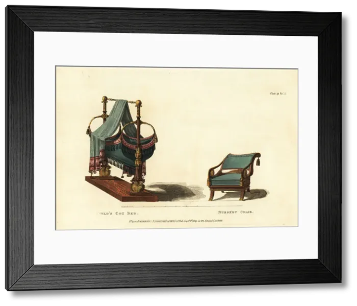 Framed Print : Child's cot bed and nursery chair, Regency era Framed Print : Child's cot bed and nursery chair, Regency era