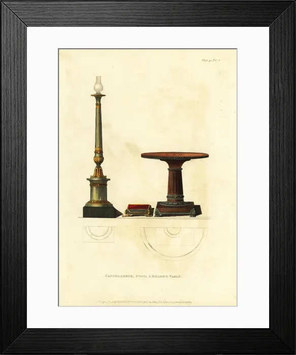 Framed Print : Candelabrum, stool and reading table, 1812 Framed Print : Candelabrum, stool and reading table, 1812