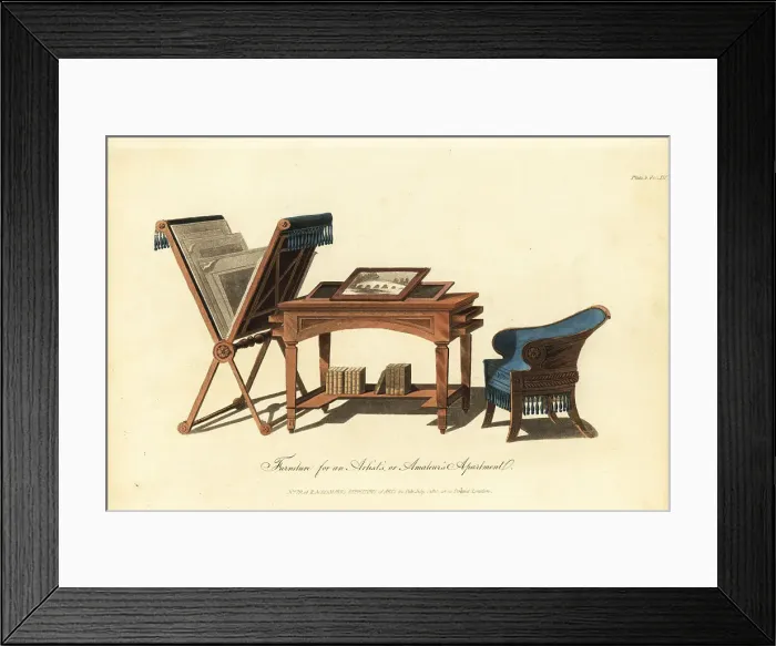 Framed Print : Regency-era desk, chair and rack for an artist's apartment, 1815 Framed Print : Regency-era desk, chair and rack for an artist's apartment, 1815