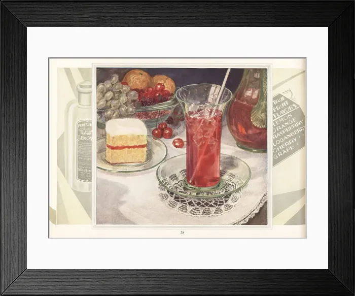 Framed Print : Glass of iced fruit juice with straw, slice of cake and bowl of Framed Print : Glass of iced fruit juice with straw, slice of cake and bowl of
