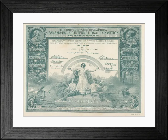 Framed Print : Gold Medal Certificate for the California Perfume Company, 1915 Framed Print : Gold Medal Certificate for the California Perfume Company, 1915