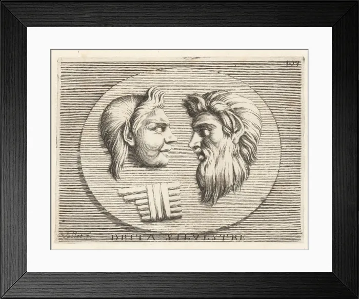 Framed Print : Heads of a Faun and Satyr, Greek woodland gods, with syrinx or p Framed Print : Heads of a Faun and Satyr, Greek woodland gods, with syrinx or p