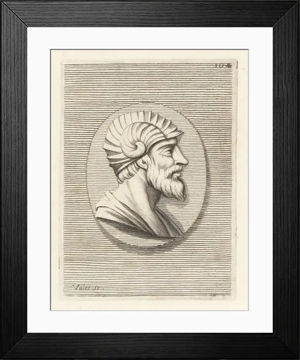 Framed Print : Oval portrait of a bearded man wearing a helmet with the horns o Framed Print : Oval portrait of a bearded man wearing a helmet with the horns o