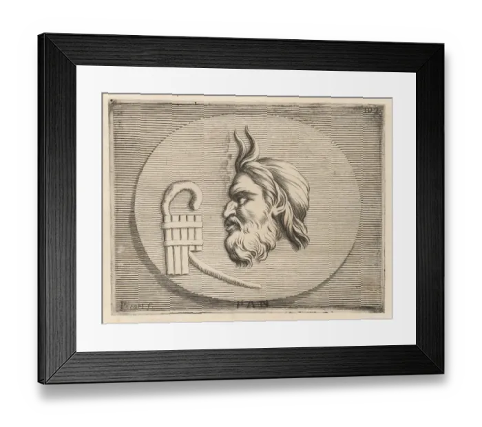 Framed Print : Head of the Greek god of the wild, Pan, with the syrinx or pan f Framed Print : Head of the Greek god of the wild, Pan, with the syrinx or pan f