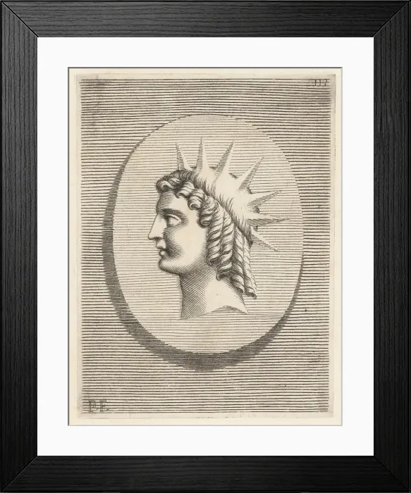 Framed Print : Profile bust of a figure with hair in ringlets and sunbeams