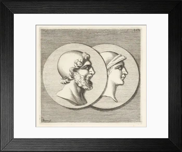 Framed Print : Heads of two soldiers in ancient helmets Framed Print : Heads of two soldiers in ancient helmets