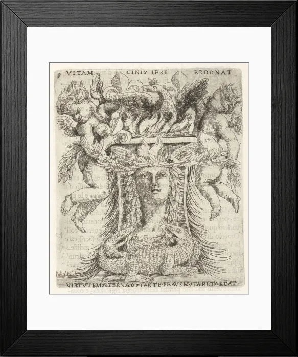 Framed Print : Allegorical vignette with phoenix, putti and crocodiles Framed Print : Allegorical vignette with phoenix, putti and crocodiles