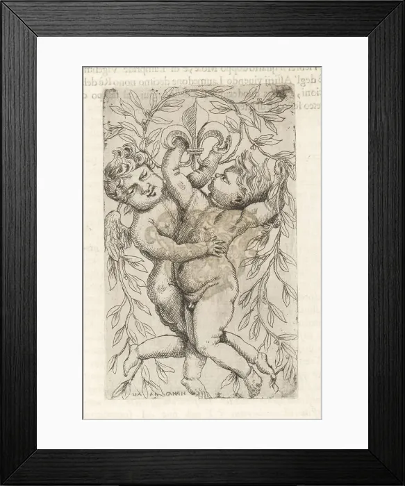 Framed Print : Vignette with two putti holding garlands of laurel leaves under Framed Print : Vignette with two putti holding garlands of laurel leaves under