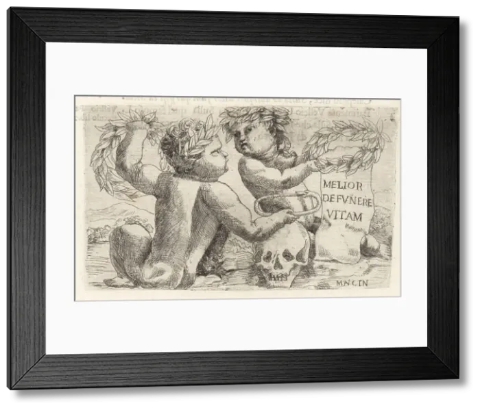 Framed Print : Vignette of two putti in laurel crowns holding an ouroboros over Framed Print : Vignette of two putti in laurel crowns holding an ouroboros over