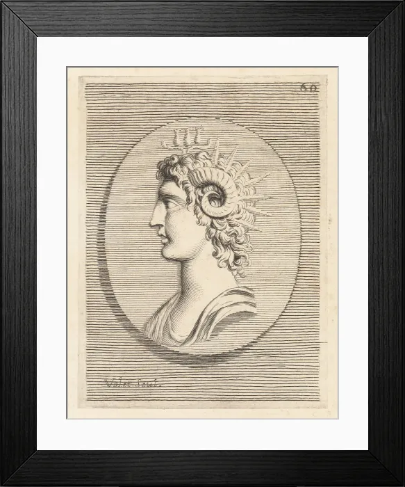 Framed Print : Head of Mark Antony with ram's horns and sun rays Framed Print : Head of Mark Antony with ram's horns and sun rays