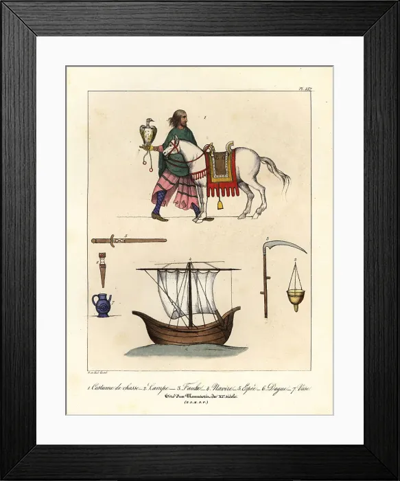 Framed Print : Hunter and horse, lamp, scythe, ship, sword, dagger, and vase, 1 Framed Print : Hunter and horse, lamp, scythe, ship, sword, dagger, and vase, 1