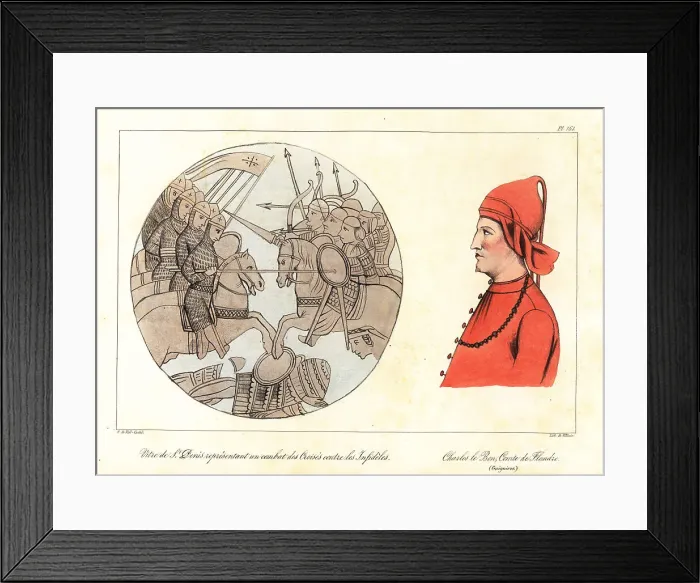 Framed Print : Cavalry battle between Crusaders and Saracens, portrait of Charl Framed Print : Cavalry battle between Crusaders and Saracens, portrait of Charl