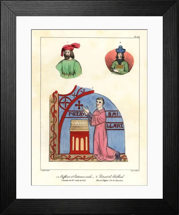 Framed Print : Male costumes and hats, 11th century, and a portrait of Peter Ab Framed Print : Male costumes and hats, 11th century, and a portrait of Peter Ab