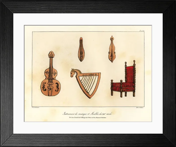 Framed Print : Musical instruments (guitar, citoles and harp) and furniture of Framed Print : Musical instruments (guitar, citoles and harp) and furniture of