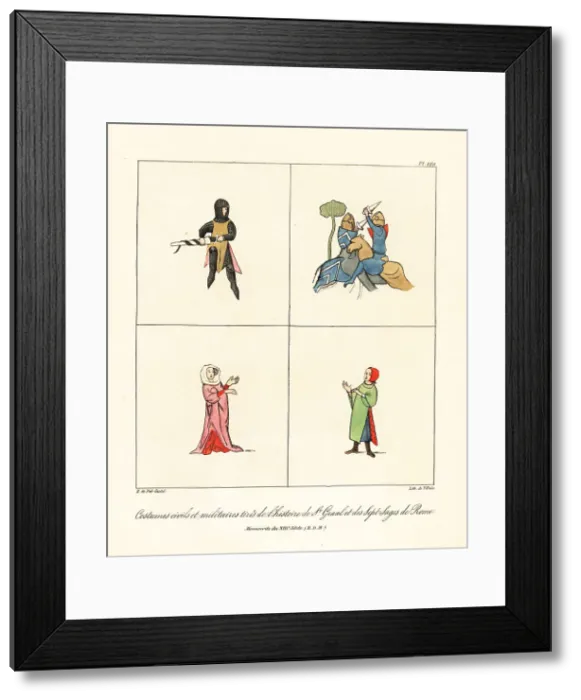Framed Print : Knights in helm, hauberk, tunic, with swrod and shield, and woma Framed Print : Knights in helm, hauberk, tunic, with swrod and shield, and woma