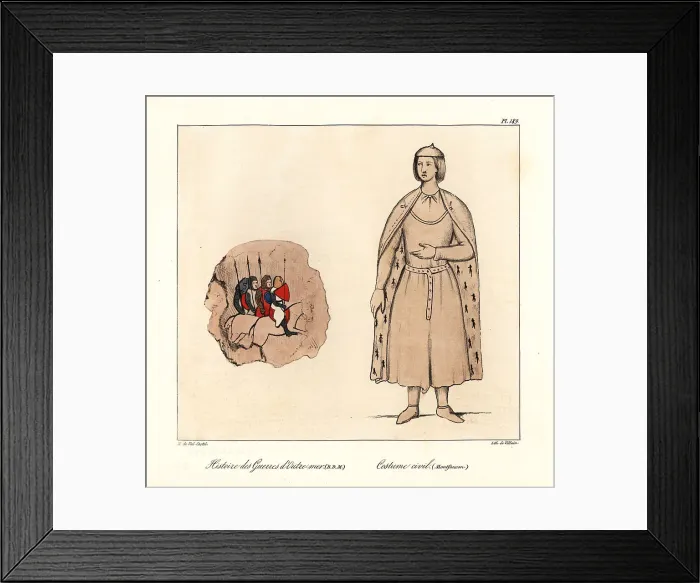 Framed Print : Crusader knights on horseback and male civil costume, 13th centu Framed Print : Crusader knights on horseback and male civil costume, 13th centu