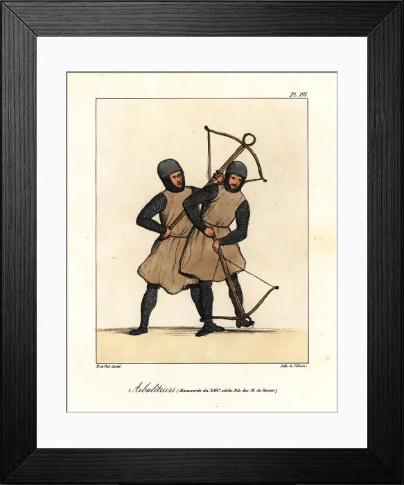 Framed Print : Crossbowmen in helmets, chaimnail armor, tunics, loading their w Framed Print : Crossbowmen in helmets, chaimnail armor, tunics, loading their w