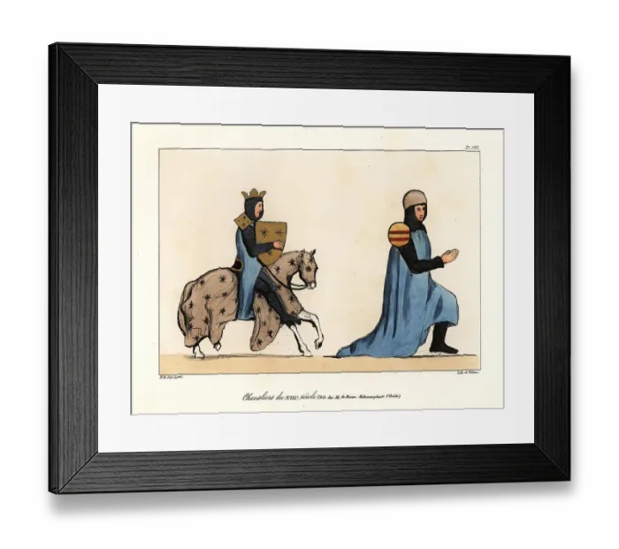 Framed Print : French knights in armour wearing ailettes with coat of arms, 13t