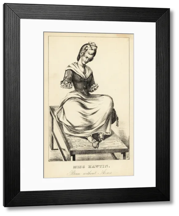 Framed Print : Miss Hawtin, born without arms, 18th century Framed Print : Miss Hawtin, born without arms, 18th century