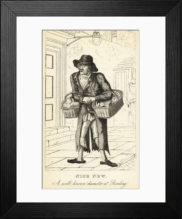 Framed Print : Itinerant cake-seller with baskets of cakes, 18th century Framed Print : Itinerant cake-seller with baskets of cakes, 18th century