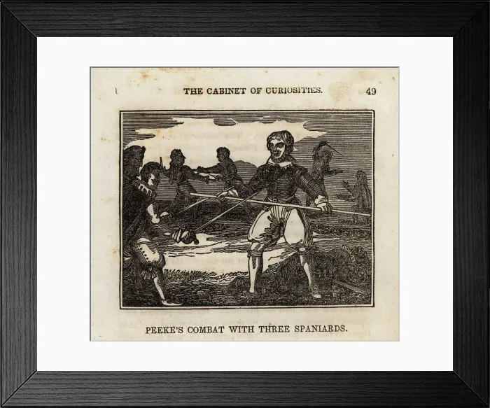 Framed Print : Englishman dueling three Spanish swordsmen, 1625 Framed Print : Englishman dueling three Spanish swordsmen, 1625