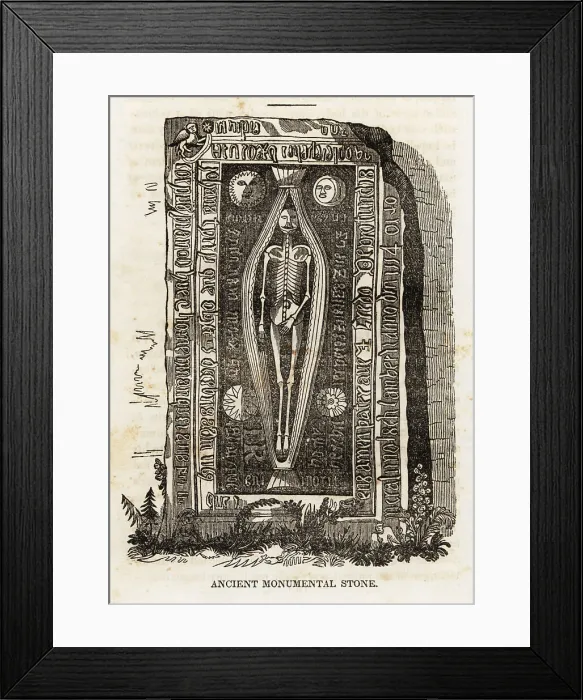 Framed Print : Gravestone with skeleton inside a tied shroud, 12th century Framed Print : Gravestone with skeleton inside a tied shroud, 12th century