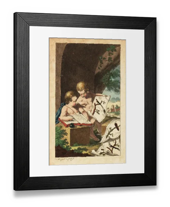 Framed Print : Two young ornithologists studying bird prints, 18th century Framed Print : Two young ornithologists studying bird prints, 18th century