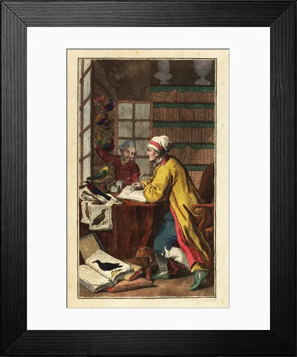 Framed Print : German ornithologist in his study, 18th century Framed Print : German ornithologist in his study, 18th century