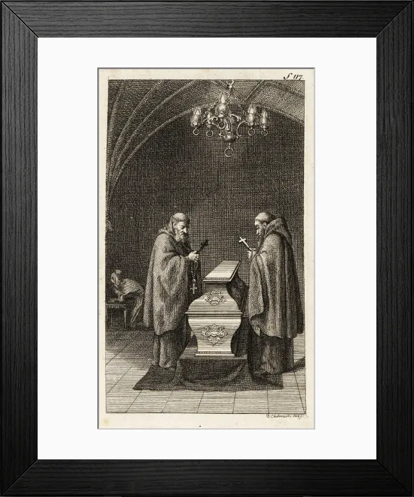 Framed Print : Two monks praying next to Elise's coffin in a church vault Framed Print : Two monks praying next to Elise's coffin in a church vault