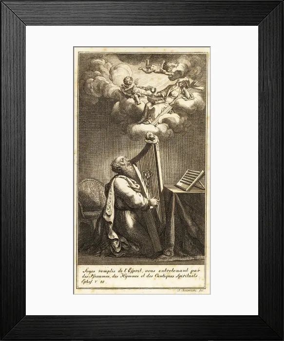 Framed Print : King David plays a harp to putti and Mary above his head