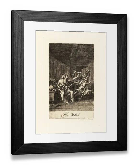 Framed Print : The skeleton of Death pulls on the arm of a mother in a nursery Framed Print : The skeleton of Death pulls on the arm of a mother in a nursery