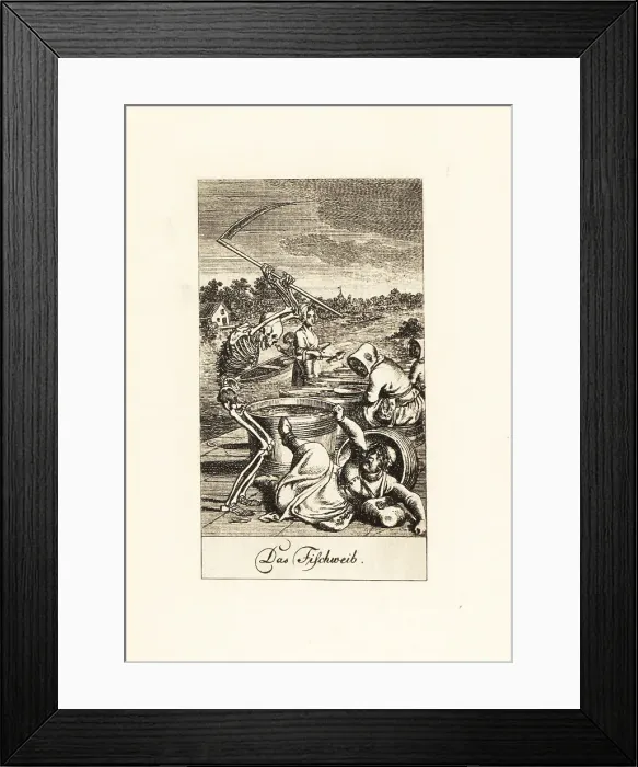 Framed Print : The skeleton of Death slashes a fishwife with a scythe Framed Print : The skeleton of Death slashes a fishwife with a scythe