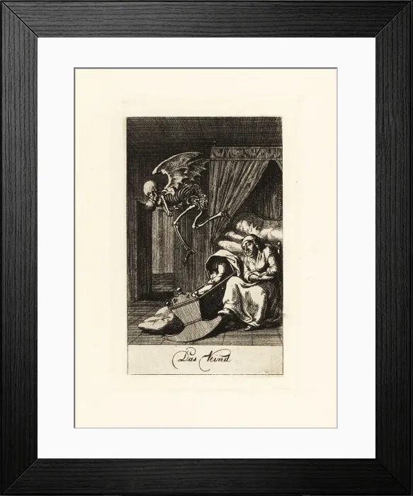 Framed Print : The winged skeleton of Death flies off with a baby Framed Print : The winged skeleton of Death flies off with a baby