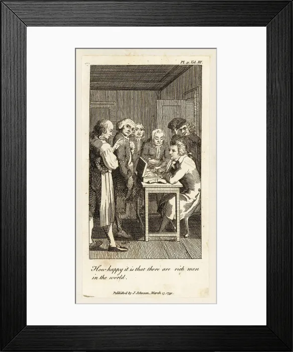 Framed Print : A wool manufacturer paying his employees, 18th century Framed Print : A wool manufacturer paying his employees, 18th century
