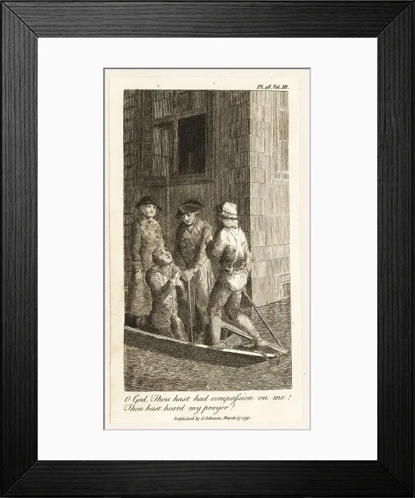 Framed Print : Boatmen rescuing a man from a building in a flood, 18th century Framed Print : Boatmen rescuing a man from a building in a flood, 18th century