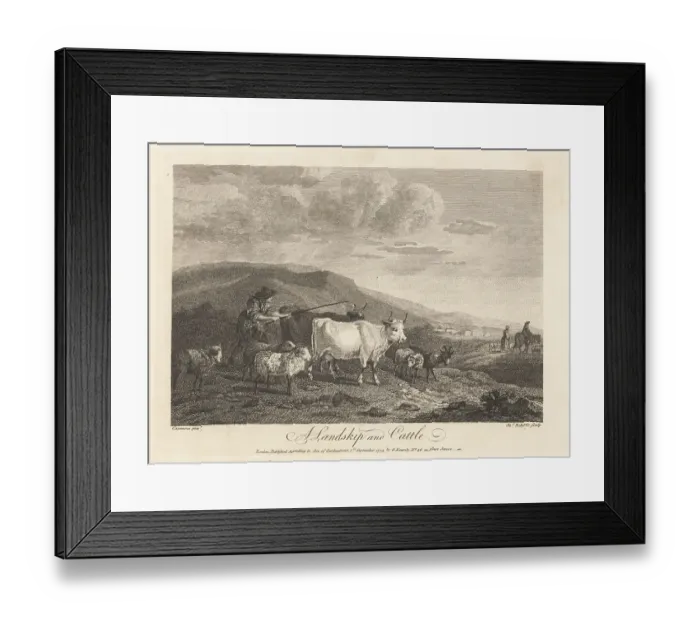 Framed Print : Landscape of a herder with crook, with cows, goats and sheep Framed Print : Landscape of a herder with crook, with cows, goats and sheep