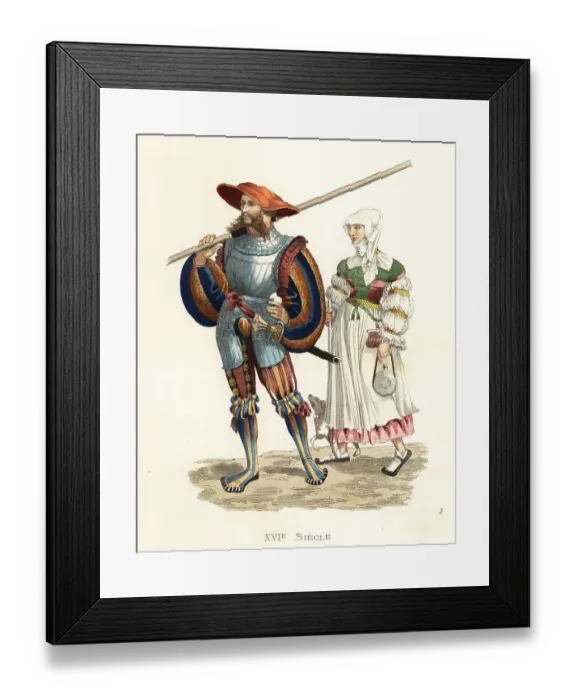 Framed Print : German pikeman and servant girl, 16th century Framed Print : German pikeman and servant girl, 16th century