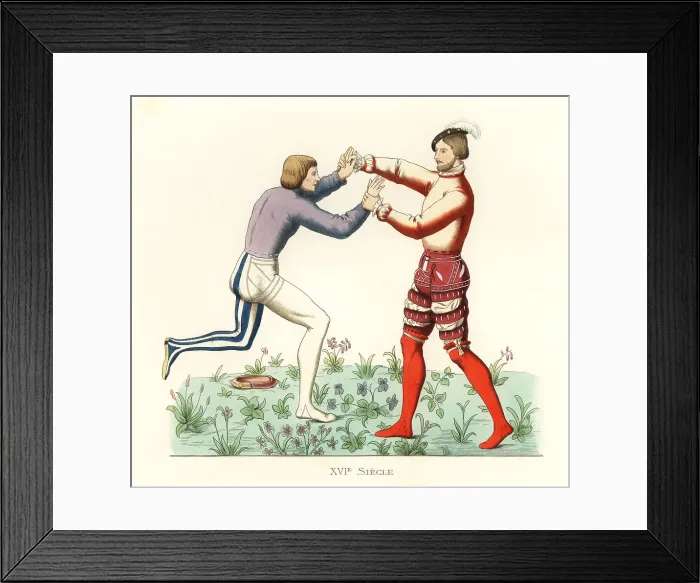 Framed Print : French nobles wrestling in a show bout, 16th century Framed Print : French nobles wrestling in a show bout, 16th century