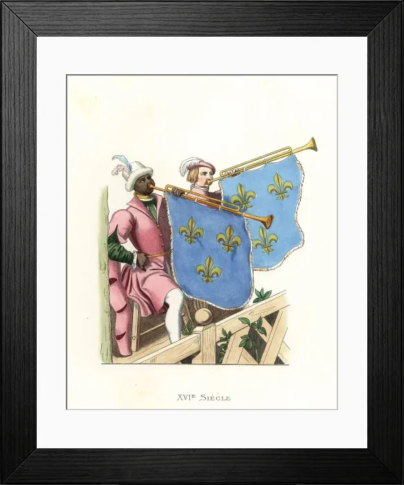 Framed Print : Black and white tournament trumpeters, France, 16th century Framed Print : Black and white tournament trumpeters, France, 16th century