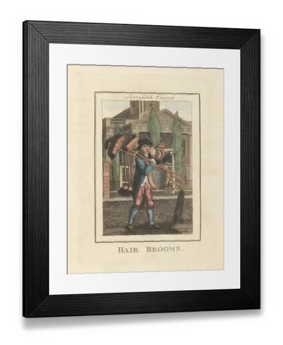 Framed Print : Broom seller in front of Shoreditch Church, London, 1805 Framed Print : Broom seller in front of Shoreditch Church, London, 1805