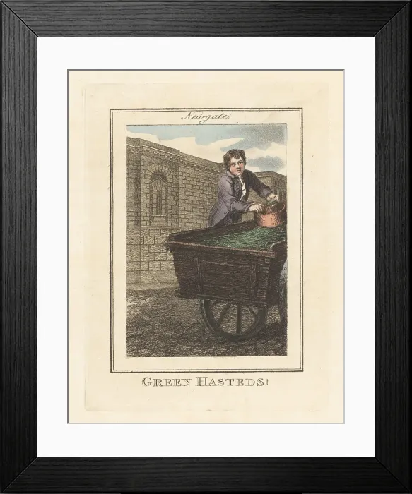 Framed Print : Greenpea seller in front of Newgate Prison, London, 1805 Framed Print : Greenpea seller in front of Newgate Prison, London, 1805