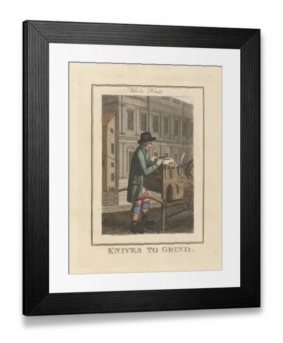 Framed Print : Knife-grinder in front of Whitehall, London, 1805 Framed Print : Knife-grinder in front of Whitehall, London, 1805