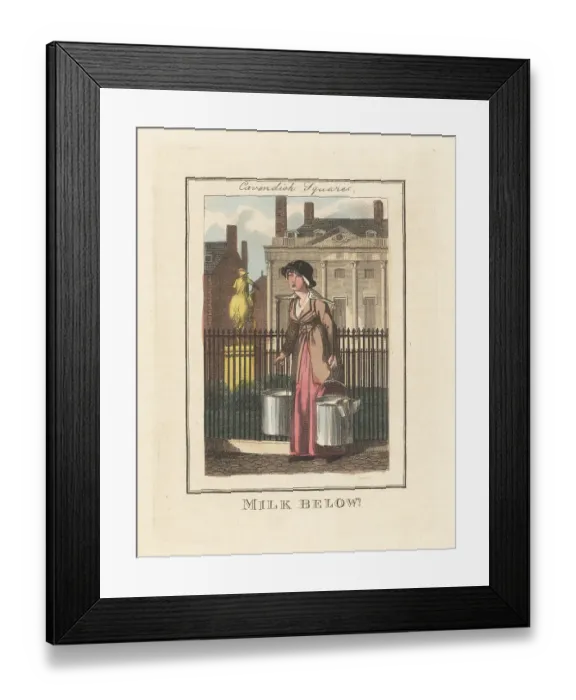 Framed Print : Milk-maid selling fresh milk in Cavendish Square, London, 1805 Framed Print : Milk-maid selling fresh milk in Cavendish Square, London, 1805